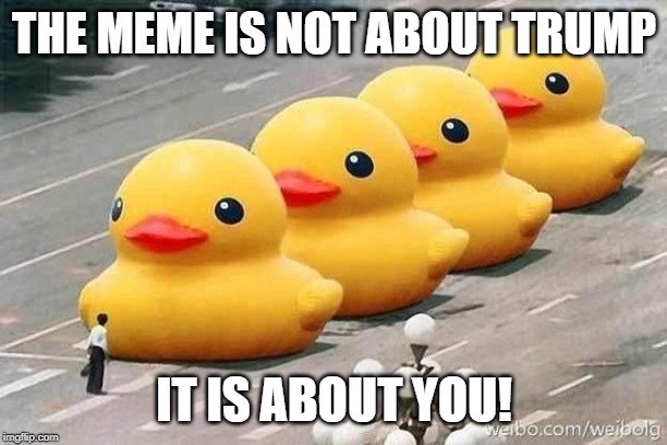 When the meme is about YOU | THE MEME IS NOT ABOUT TRUMP; IT IS ABOUT YOU! | image tagged in ducks tiananmen square,trump,trump derangement syndrome,impeach trump,politics lol,surreal | made w/ Imgflip meme maker