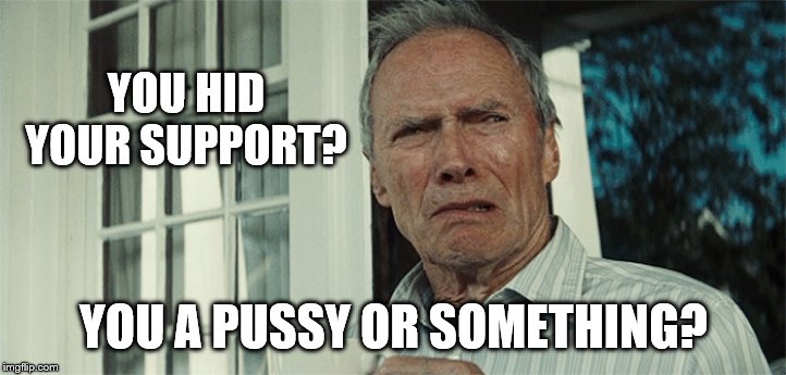 Clint Eastwood WTF | YOU HID YOUR SUPPORT? YOU A PUSSY OR SOMETHING? | image tagged in clint eastwood wtf | made w/ Imgflip meme maker