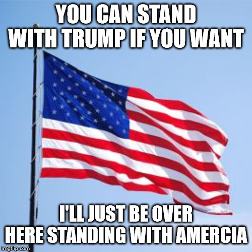 two different sides | YOU CAN STAND WITH TRUMP IF YOU WANT; I'LL JUST BE OVER HERE STANDING WITH AMERCIA | image tagged in donald trump,impeach trump,american flag | made w/ Imgflip meme maker