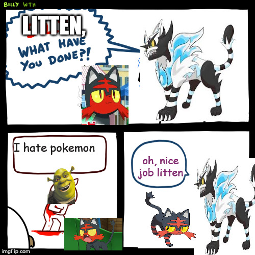 Billy, What Have You Done | LITTEN, I hate pokemon; oh, nice job litten | image tagged in billy what have you done | made w/ Imgflip meme maker