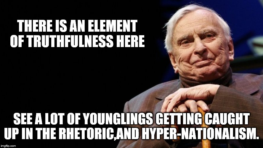 THERE IS AN ELEMENT OF TRUTHFULNESS HERE SEE A LOT OF YOUNGLINGS GETTING CAUGHT UP IN THE RHETORIC,AND HYPER-NATIONALISM. | made w/ Imgflip meme maker