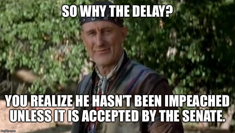 Zephren Cochran | SO WHY THE DELAY? YOU REALIZE HE HASN’T BEEN IMPEACHED UNLESS IT IS ACCEPTED BY THE SENATE. | image tagged in zephren cochran | made w/ Imgflip meme maker