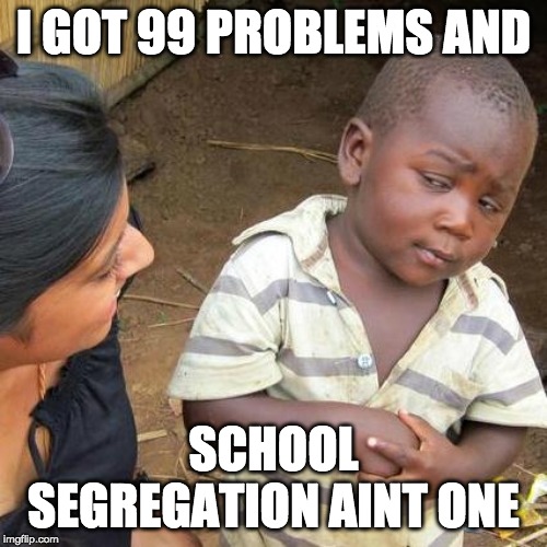 Third World Skeptical Kid | I GOT 99 PROBLEMS AND; SCHOOL SEGREGATION AINT ONE | image tagged in memes,third world skeptical kid | made w/ Imgflip meme maker