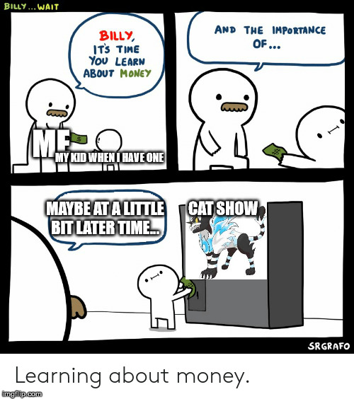 Billy Learning About Money | ME; MY KID WHEN I HAVE ONE; MAYBE AT A LITTLE BIT LATER TIME... CAT SHOW | image tagged in billy learning about money | made w/ Imgflip meme maker