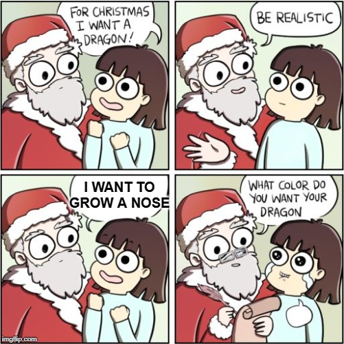 For Christmas I Want a Dragon | I WANT TO GROW A NOSE | image tagged in for christmas i want a dragon,memes,holidays,santa | made w/ Imgflip meme maker