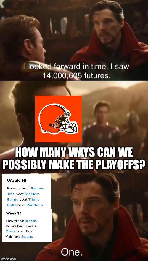 Dr. Strange’s Futures | HOW MANY WAYS CAN WE POSSIBLY MAKE THE PLAYOFFS? | image tagged in dr stranges futures | made w/ Imgflip meme maker
