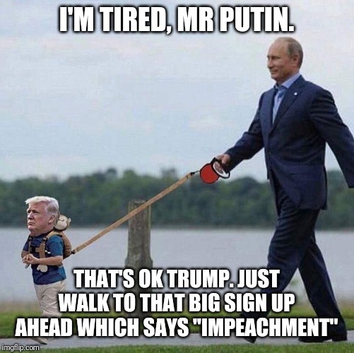 Fake news | I'M TIRED, MR PUTIN. THAT'S OK TRUMP. JUST WALK TO THAT BIG SIGN UP AHEAD WHICH SAYS "IMPEACHMENT" | image tagged in putin trump leash,putin,impeachment,nancy pelosi,donald trump | made w/ Imgflip meme maker