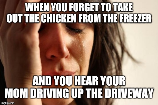 First World Problems Meme | WHEN YOU FORGET TO TAKE OUT THE CHICKEN FROM THE FREEZER; AND YOU HEAR YOUR MOM DRIVING UP THE DRIVEWAY | image tagged in memes,first world problems | made w/ Imgflip meme maker