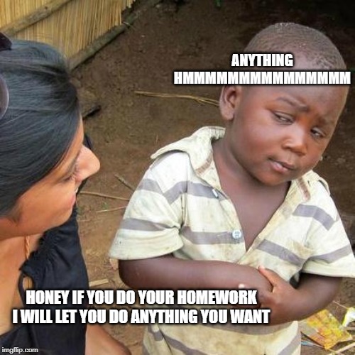 Third World Skeptical Kid Meme | ANYTHING HMMMMMMMMMMMMMMM; HONEY IF YOU DO YOUR HOMEWORK I WILL LET YOU DO ANYTHING YOU WANT | image tagged in memes,third world skeptical kid | made w/ Imgflip meme maker