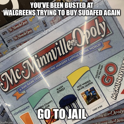 McMinnville Opoly | YOU’VE BEEN BUSTED AT WALGREENS TRYING TO BUY SUDAFED AGAIN; GO TO JAIL | image tagged in mcminnville opoly | made w/ Imgflip meme maker