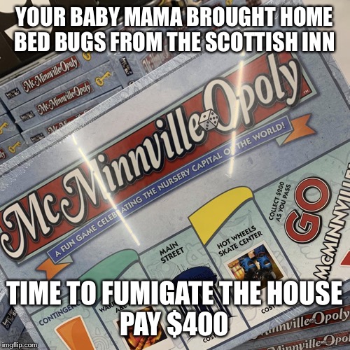 McMinnville Opoly | YOUR BABY MAMA BROUGHT HOME BED BUGS FROM THE SCOTTISH INN; TIME TO FUMIGATE THE HOUSE
PAY $400 | image tagged in mcminnville opoly | made w/ Imgflip meme maker