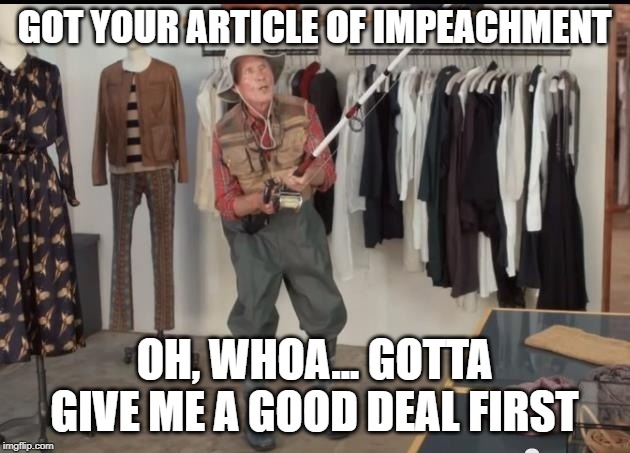 Geico fisherman  | GOT YOUR ARTICLE OF IMPEACHMENT; OH, WHOA... GOTTA GIVE ME A GOOD DEAL FIRST | image tagged in geico fisherman | made w/ Imgflip meme maker