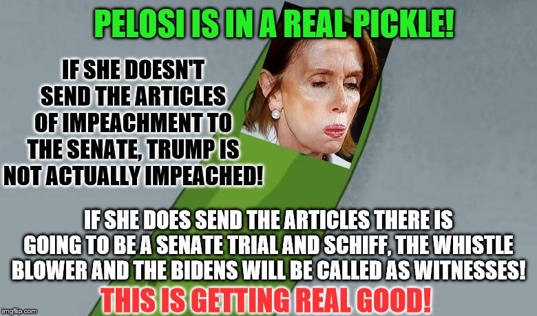 This is hilarious! | PELOSI IS IN A REAL PICKLE! IF SHE DOESN'T SEND THE ARTICLES OF IMPEACHMENT TO THE SENATE, TRUMP IS NOT ACTUALLY IMPEACHED! IF SHE DOES SEND THE ARTICLES THERE IS GOING TO BE A SENATE TRIAL AND SCHIFF, THE WHISTLE BLOWER AND THE BIDENS WILL BE CALLED AS WITNESSES! THIS IS GETTING REAL GOOD! | image tagged in pickle rick,memes,politics | made w/ Imgflip meme maker