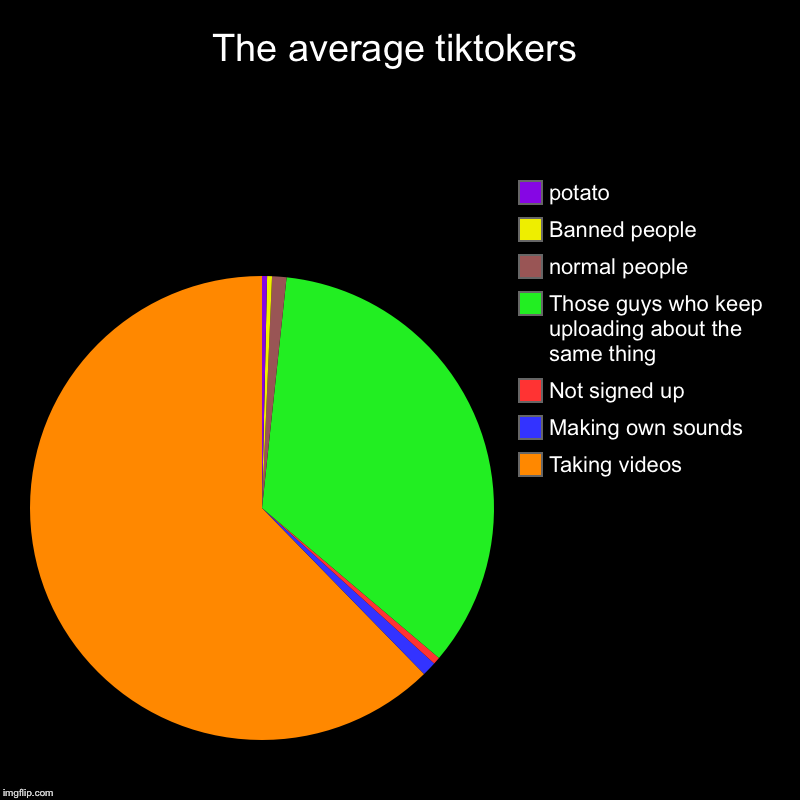 The average tiktokers | Taking videos, Making own sounds, Not signed up, Those guys who keep uploading about the same thing, normal people,  | image tagged in charts,pie charts | made w/ Imgflip chart maker