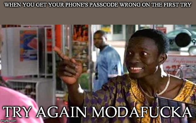 WHEN YOU GET YOUR PHONE'S PASSCODE WRONG ON THE FIRST TRY; TRY AGAIN MODAFUCKA | image tagged in phone | made w/ Imgflip meme maker