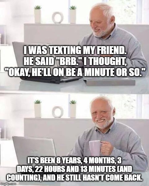 Hide the Pain Harold Meme | I WAS TEXTING MY FRIEND. HE SAID "BRB." I THOUGHT, "OKAY, HE'LL ON BE A MINUTE OR SO."; IT'S BEEN 8 YEARS, 4 MONTHS, 3 DAYS, 22 HOURS AND 13 MINUTES (AND COUNTING), AND HE STILL HASN'T COME BACK. | image tagged in memes,hide the pain harold | made w/ Imgflip meme maker