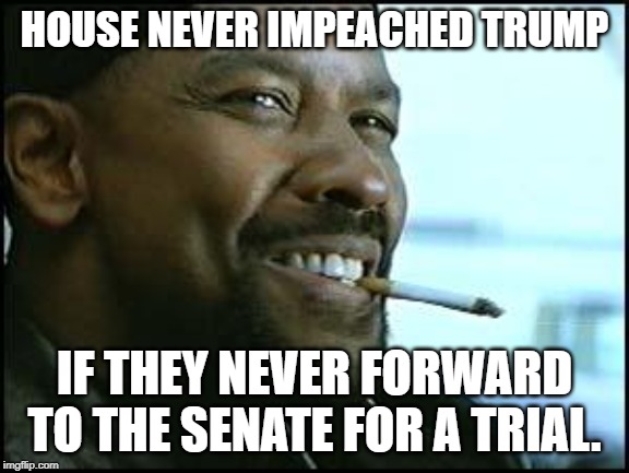 Denzel | HOUSE NEVER IMPEACHED TRUMP; IF THEY NEVER FORWARD TO THE SENATE FOR A TRIAL. | image tagged in denzel | made w/ Imgflip meme maker