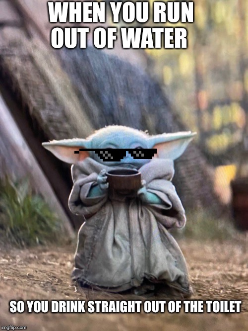 BABY YODA TEA | WHEN YOU RUN OUT OF WATER; SO YOU DRINK STRAIGHT OUT OF THE TOILET | image tagged in baby yoda tea | made w/ Imgflip meme maker
