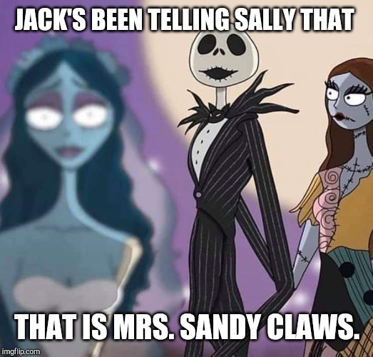 JACK'S BEEN TELLING SALLY THAT; THAT IS MRS. SANDY CLAWS. | image tagged in nightmare before christmas,funny memes | made w/ Imgflip meme maker