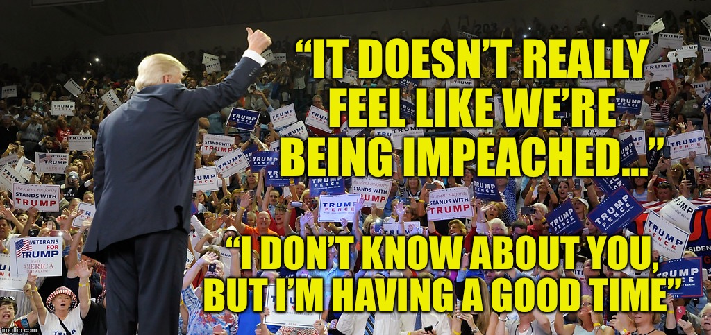 It doesn’t really feel like we’re being impeached... | “IT DOESN’T REALLY FEEL LIKE WE’RE BEING IMPEACHED...”; “I DON’T KNOW ABOUT YOU, BUT I’M HAVING A GOOD TIME” | image tagged in trump rally,impeach,impeached,impeachment,winning,trump | made w/ Imgflip meme maker