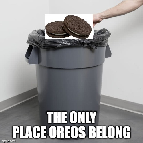 Trash can | THE ONLY PLACE OREOS BELONG | image tagged in trash can,oreo | made w/ Imgflip meme maker