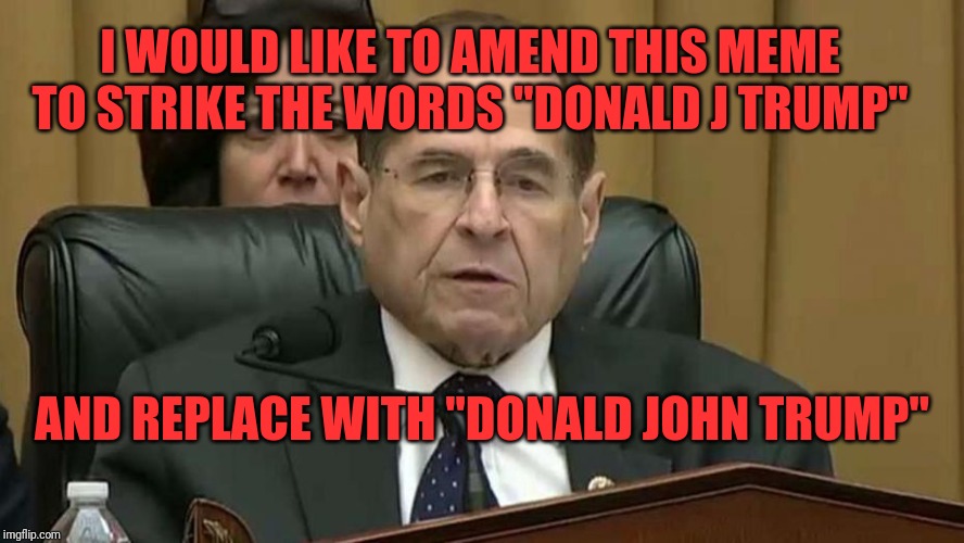 Rep. Jerry Nadler | I WOULD LIKE TO AMEND THIS MEME TO STRIKE THE WORDS "DONALD J TRUMP" AND REPLACE WITH "DONALD JOHN TRUMP" | image tagged in rep jerry nadler | made w/ Imgflip meme maker