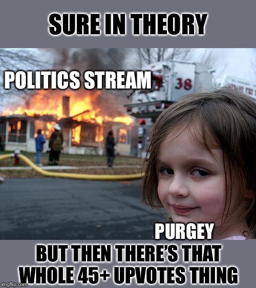 “purgey’s beliefs should be out in the open so we can ridicule them!” | SURE IN THEORY; POLITICS STREAM; PURGEY; BUT THEN THERE’S THAT WHOLE 45+ UPVOTES THING | image tagged in memes,disaster girl,neo-nazis,nazi,hate speech,free speech | made w/ Imgflip meme maker