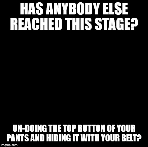 Blank | HAS ANYBODY ELSE REACHED THIS STAGE? UN-DOING THE TOP BUTTON OF YOUR PANTS AND HIDING IT WITH YOUR BELT? | image tagged in blank | made w/ Imgflip meme maker