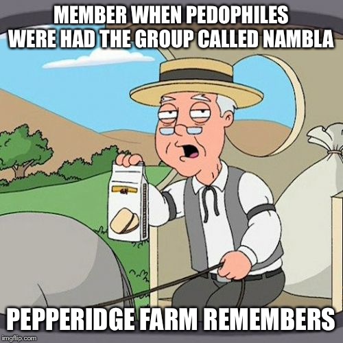 Pepperidge Farm Remembers | MEMBER WHEN PEDOPHILES WERE HAD THE GROUP CALLED NAMBLA; PEPPERIDGE FARM REMEMBERS | image tagged in memes,pepperidge farm remembers | made w/ Imgflip meme maker