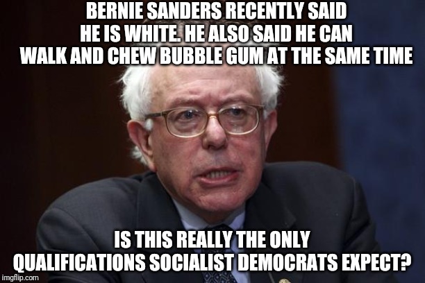 Bernie seems to get a lot of passes, but we are sinking this low? Really? | BERNIE SANDERS RECENTLY SAID HE IS WHITE. HE ALSO SAID HE CAN WALK AND CHEW BUBBLE GUM AT THE SAME TIME; IS THIS REALLY THE ONLY QUALIFICATIONS SOCIALIST DEMOCRATS EXPECT? | image tagged in bernie sanders | made w/ Imgflip meme maker