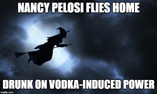 Pelosi, witch, Halloween | NANCY PELOSI FLIES HOME; DRUNK ON VODKA-INDUCED POWER | image tagged in pelosi witch halloween | made w/ Imgflip meme maker