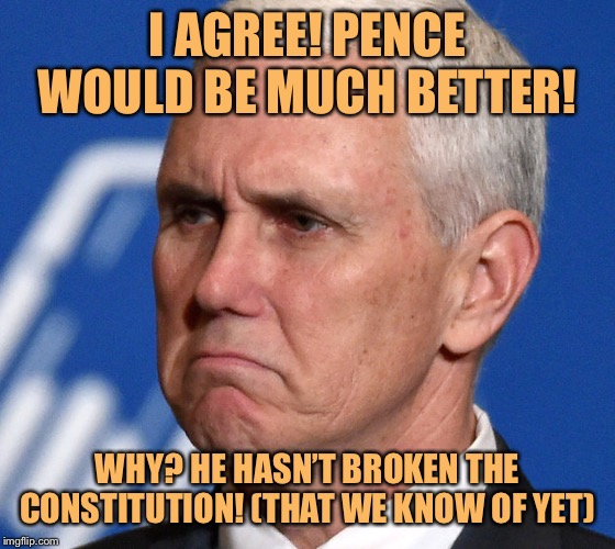 Why Pence would, actually, be better. | I AGREE! PENCE WOULD BE MUCH BETTER! WHY? HE HASN’T BROKEN THE CONSTITUTION! (THAT WE KNOW OF YET) | image tagged in mike pence,pence,impeach trump,trump impeachment,fuck donald trump,constitution | made w/ Imgflip meme maker