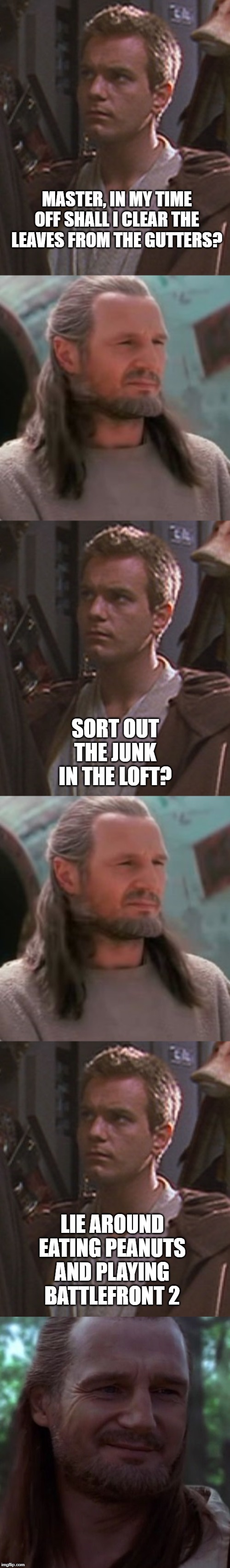 MASTER, IN MY TIME OFF SHALL I CLEAR THE LEAVES FROM THE GUTTERS? SORT OUT THE JUNK IN THE LOFT? LIE AROUND EATING PEANUTS AND PLAYING BATTLEFRONT 2 | made w/ Imgflip meme maker