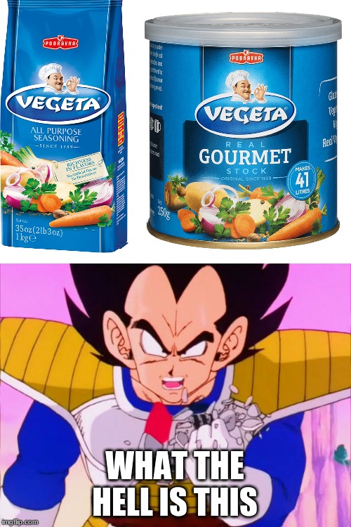 Vegeta Goes shopping | WHAT THE HELL IS THIS | image tagged in vegeta scouter crush,vegetables,memes,fun,dragon ball z | made w/ Imgflip meme maker
