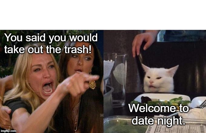 Woman Yelling At Cat | You said you would take out the trash! Welcome to date night. | image tagged in memes,woman yelling at cat | made w/ Imgflip meme maker