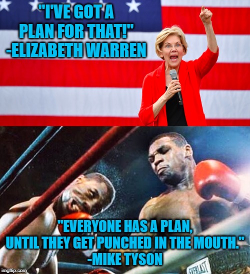 Planning is one thing, execution is another... | "I'VE GOT A PLAN FOR THAT!"
-ELIZABETH WARREN; "EVERYONE HAS A PLAN, UNTIL THEY GET PUNCHED IN THE MOUTH."
-MIKE TYSON | image tagged in elizabeth warren,mike tyson,knockout,democrats,politics | made w/ Imgflip meme maker
