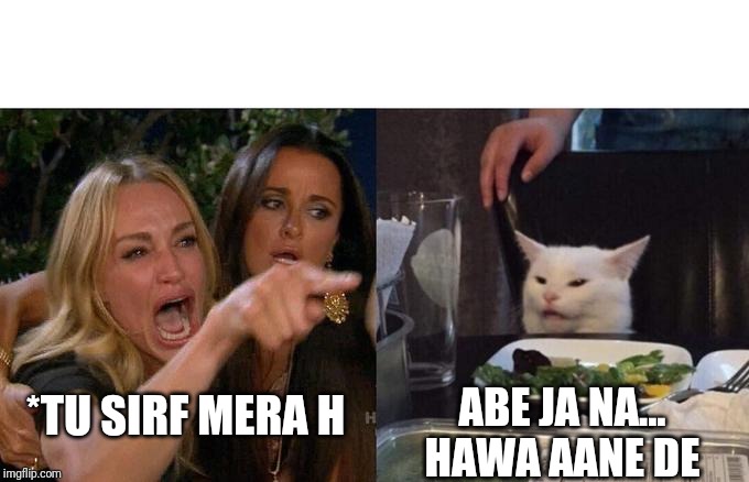 Woman Yelling At Cat | *TU SIRF MERA H; ABE JA NA... HAWA AANE DE | image tagged in memes,woman yelling at cat | made w/ Imgflip meme maker