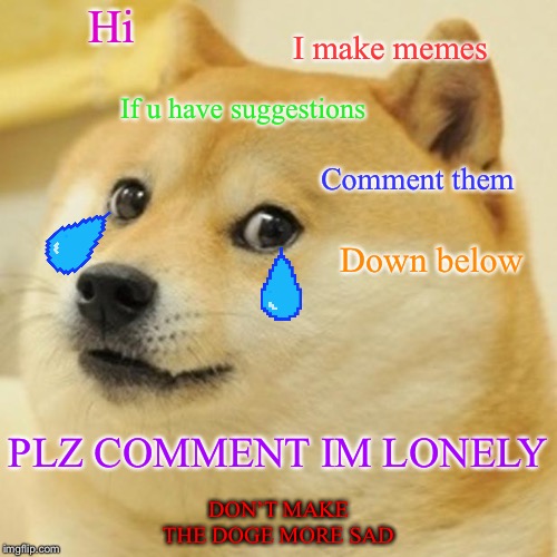 I need friends ;-; | Hi; I make memes; If u have suggestions; Comment them; Down below; PLZ COMMENT IM LONELY; DON’T MAKE THE DOGE MORE SAD | image tagged in memes,doge | made w/ Imgflip meme maker
