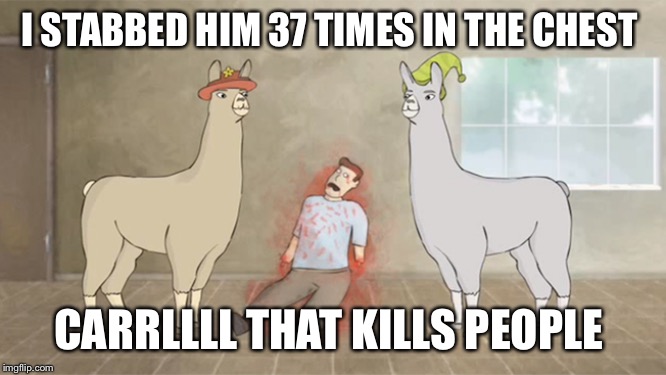 Llamas with hats dead guy | I STABBED HIM 37 TIMES IN THE CHEST; CARRLLLL THAT KILLS PEOPLE | image tagged in llamas with hats dead guy | made w/ Imgflip meme maker
