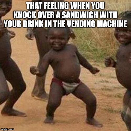 Third World Success Kid | THAT FEELING WHEN YOU KNOCK OVER A SANDWICH WITH YOUR DRINK IN THE VENDING MACHINE | image tagged in memes,third world success kid | made w/ Imgflip meme maker