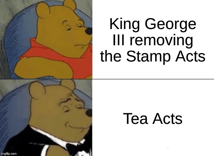 Tuxedo Winnie The Pooh | King George III removing the Stamp Acts; Tea Acts | image tagged in memes,tuxedo winnie the pooh | made w/ Imgflip meme maker