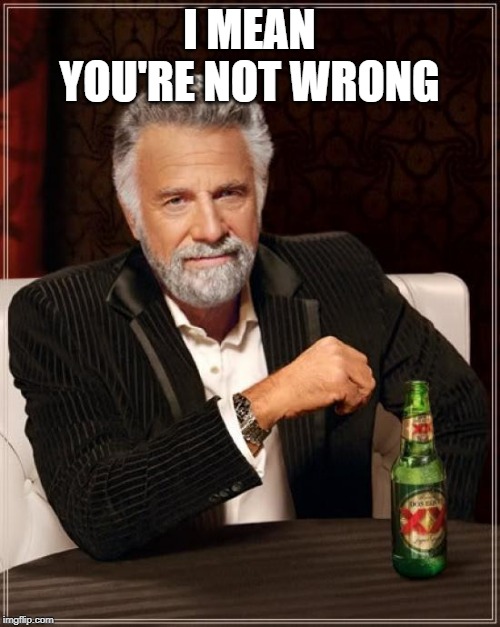 The Most Interesting Man In The World Meme | I MEAN YOU'RE NOT WRONG | image tagged in memes,the most interesting man in the world | made w/ Imgflip meme maker