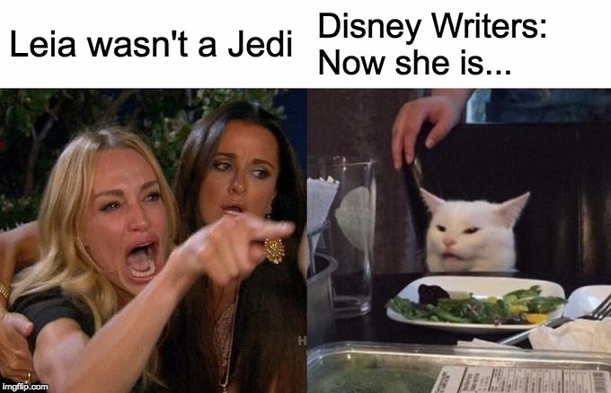 Woman Yelling At Cat | Leia wasn't a Jedi; Disney Writers: Now she is... | image tagged in memes,woman yelling at cat | made w/ Imgflip meme maker