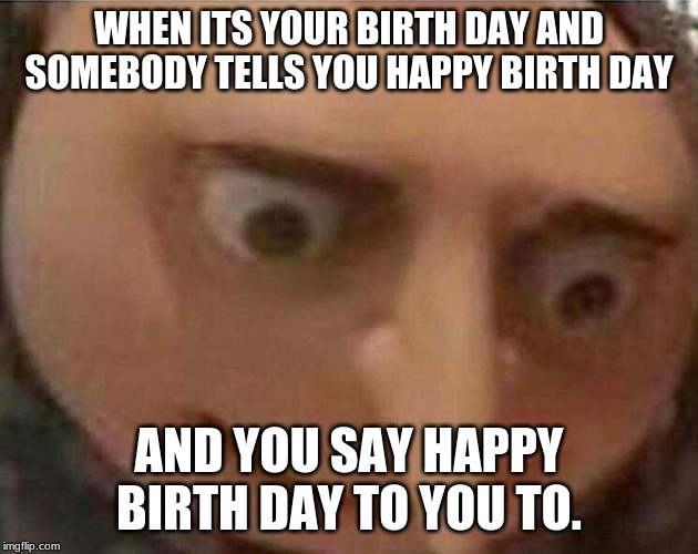 gru meme | WHEN ITS YOUR BIRTH DAY AND SOMEBODY TELLS YOU HAPPY BIRTH DAY; AND YOU SAY HAPPY BIRTH DAY TO YOU TO. | image tagged in gru meme | made w/ Imgflip meme maker