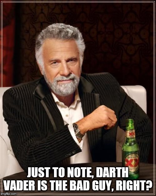 The Most Interesting Man In The World Meme | JUST TO NOTE, DARTH VADER IS THE BAD GUY, RIGHT? | image tagged in memes,the most interesting man in the world | made w/ Imgflip meme maker