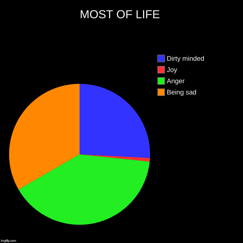 MOST OF LIFE | Being sad, Anger, Joy, Dirty minded | image tagged in charts,pie charts | made w/ Imgflip chart maker