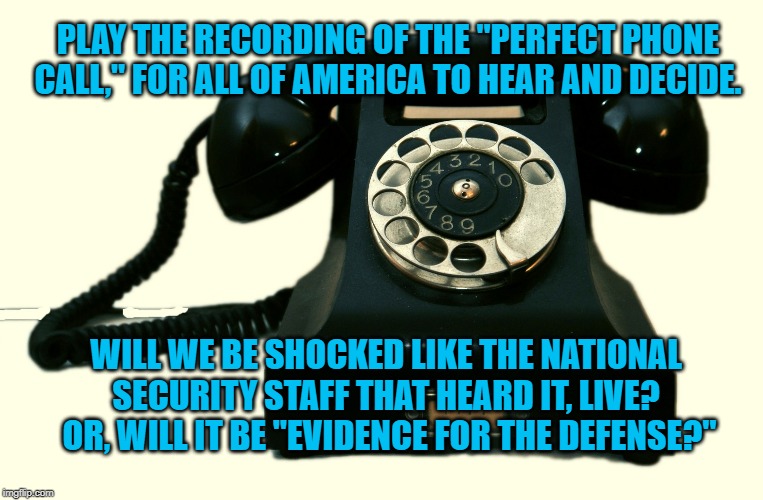 Telephone | PLAY THE RECORDING OF THE "PERFECT PHONE CALL," FOR ALL OF AMERICA TO HEAR AND DECIDE. WILL WE BE SHOCKED LIKE THE NATIONAL SECURITY STAFF THAT HEARD IT, LIVE?  OR, WILL IT BE "EVIDENCE FOR THE DEFENSE?" | image tagged in telephone | made w/ Imgflip meme maker