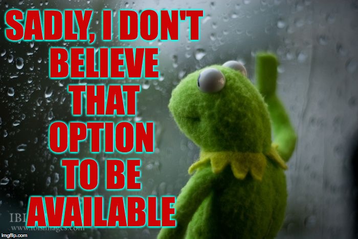 kermit window | SADLY, I DON'T
BELIEVE
THAT OPTION TO BE AVAILABLE | image tagged in kermit window | made w/ Imgflip meme maker