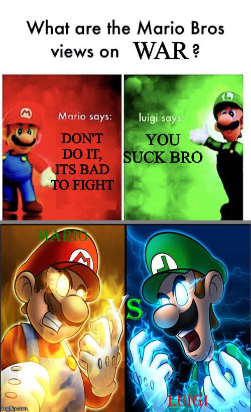WAR; DON'T DO IT, ITS BAD TO FIGHT; YOU SUCK BRO | image tagged in mario bros views,memes,mario,luigi,fight | made w/ Imgflip meme maker