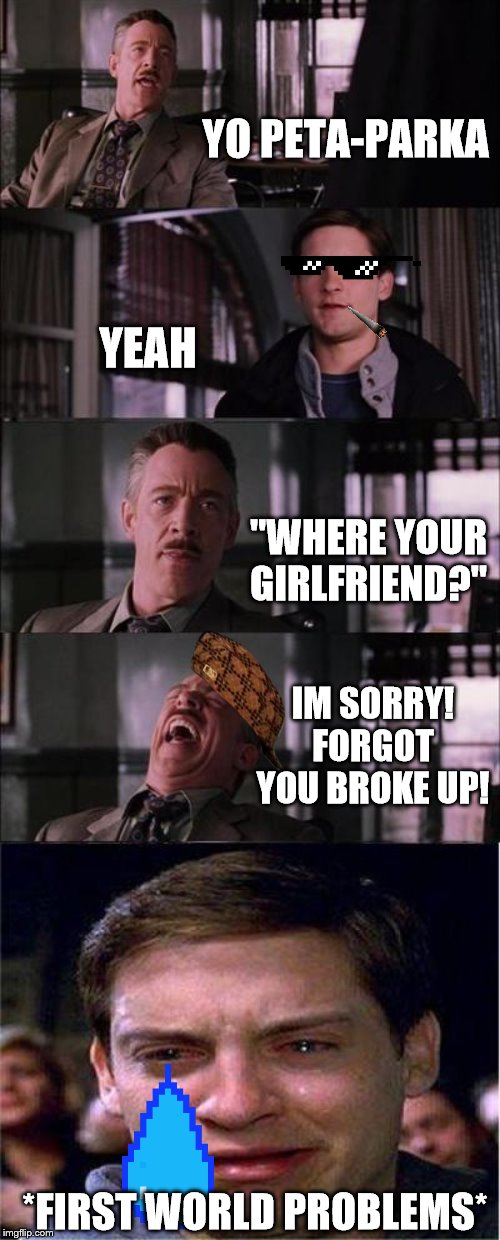 Peter Parker Insult | YO PETA-PARKA; YEAH; "WHERE YOUR GIRLFRIEND?"; IM SORRY! FORGOT YOU BROKE UP! *FIRST WORLD PROBLEMS* | image tagged in memes,peter parker cry | made w/ Imgflip meme maker